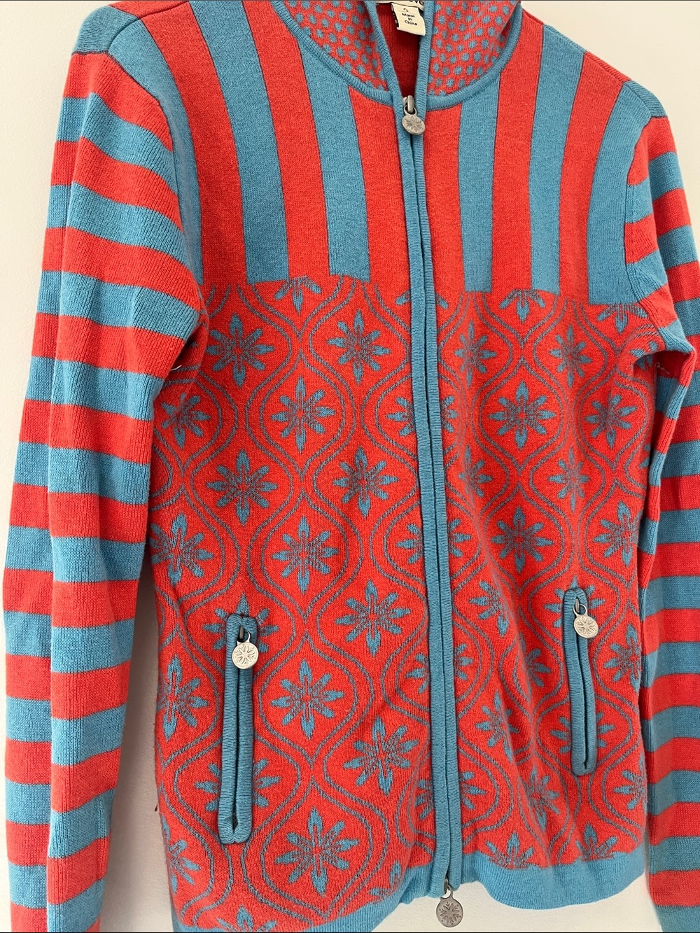 Neve cotton wool hooded zip-up sweater vibrant orange-red Nordic print - Picture 2 of 5